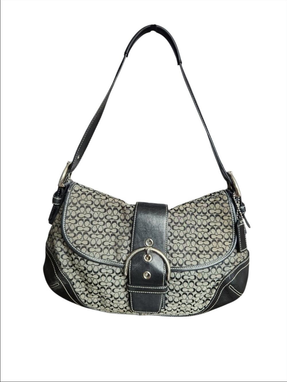 Vintage COACH F06808 Soho Black Leather Signature C Monogram Canvas Shoulder Bag